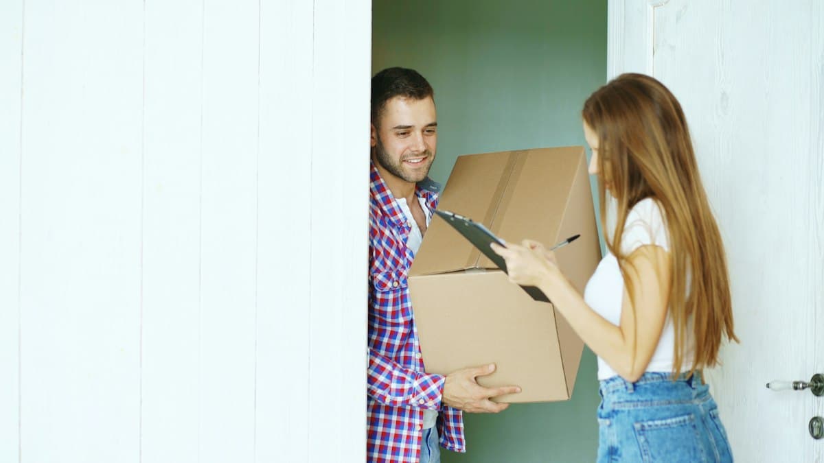A customer signing for a boxed delivery at the front door